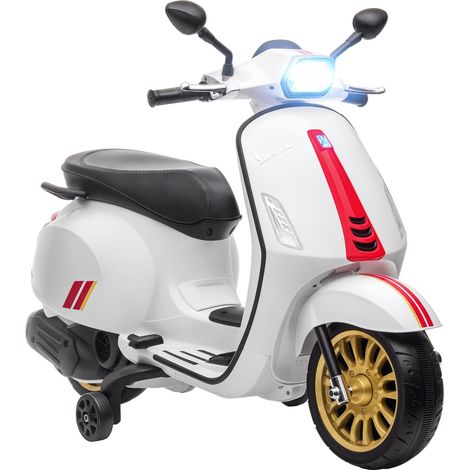 Scooter électrique enfant Vespa 6 V dim. 107L x 47l x 73H cm Musique MP3 Port USB Phare 2 roues d'entraînement - Blanc
