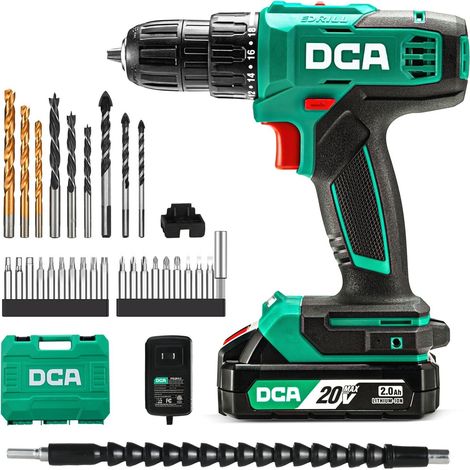 Perceuse-visseuse sans fil, couple de 40 Nm, mandrin auto-serrant de 10 mm, perceuse électrique avec batterie 2,0Ah et chargeur, 18+1 positions, kit perceuse 20V 25 pièces, modèle ADJZ2035 (1/5)