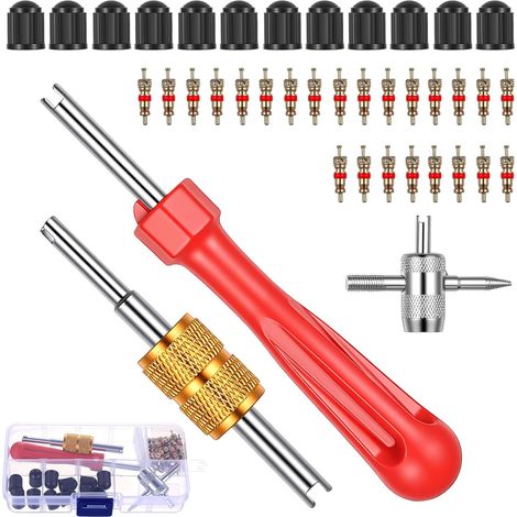Clé Demonte Obus Valve Pneu Voiture, Kit Obus de Valve Réparation Double, Obus Valves Voiture, Bouchons de Valves, Outil de Extracteur pour Voitures, Motos et vélos (1/5)