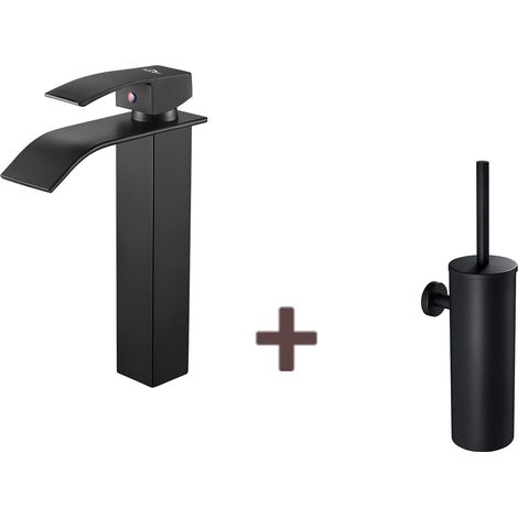 Auralum Mitigeur Robinet Lavabo Cascade Noir Moderne Mitigeur Robinet Salle Bain+Brosse Toilettes WC Suspendu avec Support de Brosse,Acier INOX,Noir (1/5)