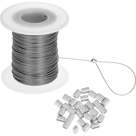 Câble de suspension pour tableaux en acier inoxydable 304 de 100 m de diamètre et de 0,5 mm de hauteur, avec 30 embouts à sertir en aluminium, pour cadres et miroirs. (1/5)