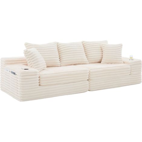 Canapé en velours côtelé beige avec dossier haut, coussins additionnels, poches latérales et porte-gobelets, convertible en canapé-lit (1/5)