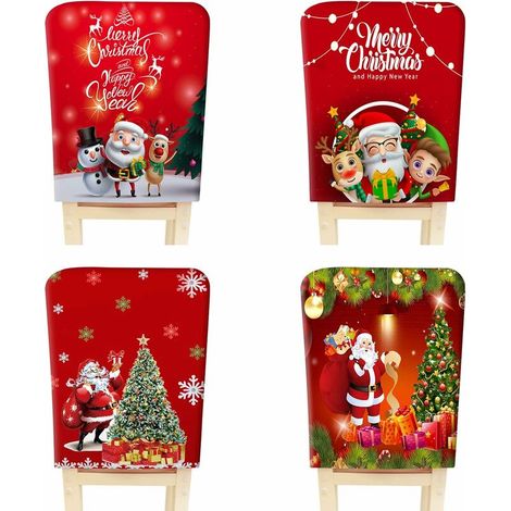 Lot de 4 Housse de Chaise Noël, Decoration Chaise Noël Extensible, Dossier Chaise Noël Lavable, Protection Chaise Universelle avec Motif Père Noël pour Salle à Manger, Cuisine, Hôtel, Fête,- Lefou (1/5)