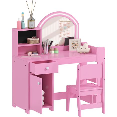 AIYAPLAY Girls Dressing Table with 2-Colour LED Mirror and Stool, Pink
