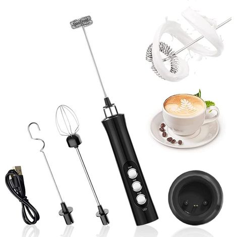 Espumador de leche eléctrico, recargable por USB, y mini batidor eléctrico con 3 velocidades ajustables y tres cabezales batidores para café, nata, capuchino, latte, cócteles y zumos. (1/5)