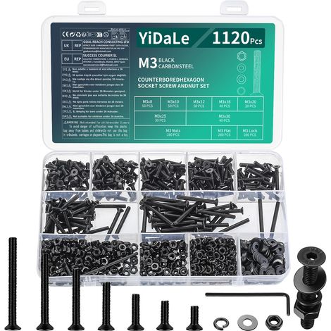 1120 Pcs Vis M3, Vis à Tête Plate Noire, Vis à Tête Fraisée à Six Pans Creux avec Écrous, Boulons et Écrous, Boulon à Tête Hexagonale Plate Creuse avec Rondelles (1120Pcs - M3) (1/5)