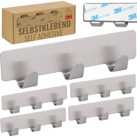 Crochet Adhesif Mural, Barre à Crochets avec 3 Crochets pour Cuisine et Salle de Bain Crochet porte manteau Patère murale Montage sans Percage Lot de 5, Acier Inoxydable Argent (1/5)