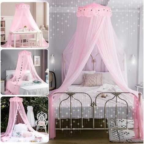 Ciel De Lit Moustiquaire - Polyester - Diamètre Anneau 60 Cm - Pour Lit Simple Double Bébé - Rose - 1 Pièce (1/4)