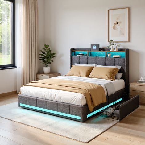 Polsterbett 180x200 cm, Doppelbett mit LED-Beleuchtung und USB, Modernes Jugendbett, Bettgestell mit Kopfteil und Lattenrost, Leinen Grau, Ohne Matratze