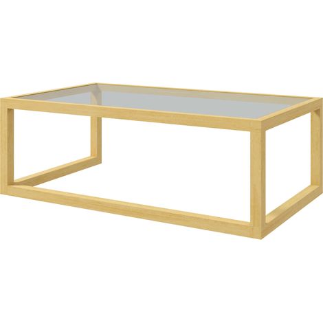Table basse rectangulaire en verre trempé et bois d'hévéa - Table de salon 100x60x35 cm