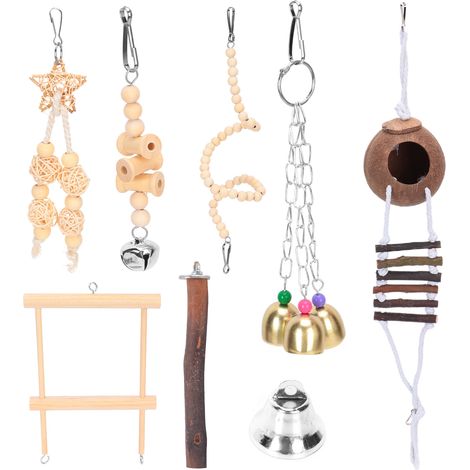 Jouets pour perroquets, 7 pièces, perles en bois et coquille de noix de coco, clochette, accessoires pour cage à oiseaux
