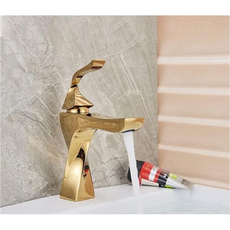 Chrome Brillant Salle de Bain Bassin Robinet Cascade Eau Chaude Eau Froide mélangeur Tap Levier Simple mélangeur Noir Robinet for Salle de Bain(Gold B) (1/5)
