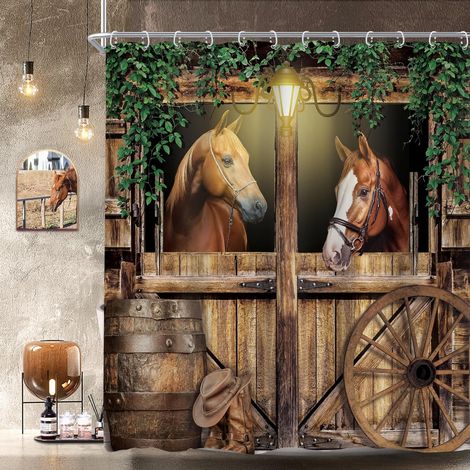 Rideau de douche de porte de grange de cheval occidental 183 x 183 cm (l x H) Style ferme, cowboy, vieilles feuilles vertes sauvages Ensemble de salle de bain en bois stable Accessoires (1/5)