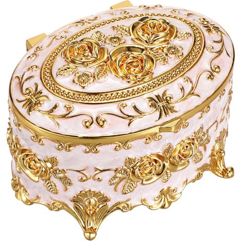 Boîte à bijoux vintage avec couvercle en métal, ovale, beige petite Boîte à bagues, Coffret à bijoux pour bracelets et boucles d'oreilles, 9x6x7cm (1/4)