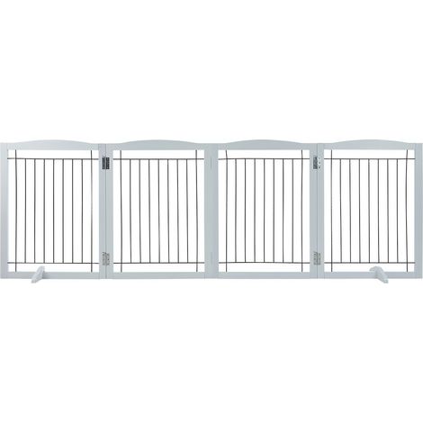 Barrière pour chien autoportante, 32" H x 96,5" L, 4 panneaux pliables, extensible pour passages larges et étroits, pieds silencieux, intérieur, blanc (1/5)
