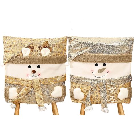 Lot de 2 housses de chaise de Noël, motifs mignons de bonhomme de neige et de renne, housses de dossier de chaise à paillettes dorées pour la décoration de Noël de la maison et de la cuisine