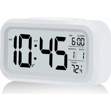 Réveil Numérique - Affichage LCD HD - Lumière de Nuit Automatique par Capteur - Température Intérieure - Alimentation sur Piles AAA - 12/24 Heures - ℃/℉ - Blanc (1/5)
