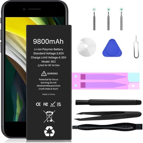 [9800 mAh] Batterie pour iPhone SE 2020, nouvelle batterie de rechange haute capacité améliorée pour iPhone SE 2ème génération A2275, A2296, A2298 avec outil de réparation (1/5)