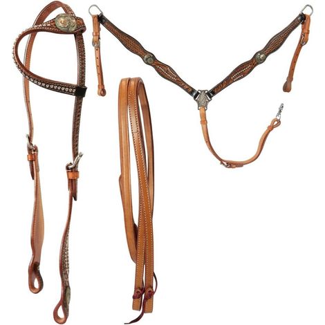 MARRONE - Set western con pettorale testiera e redini Silver Horse modello Alcea Stone con conchos incisi e borchie