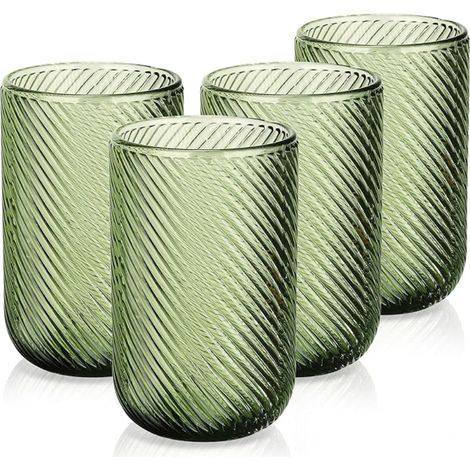 Green Water Glasses 410 ml Large Juice and Soda Glasses Modern Decorated Drinking Glasses in Striated Relief Table Glass for Whiskey Cocktail Tea Orangeade Lemonade Dishwasher Safe (1/5)