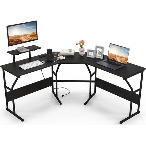 Bureau d'angle 225 x 48 x 91 cm avec multiprise intégrée et support d'écran amovible style moderne en bois métal noir