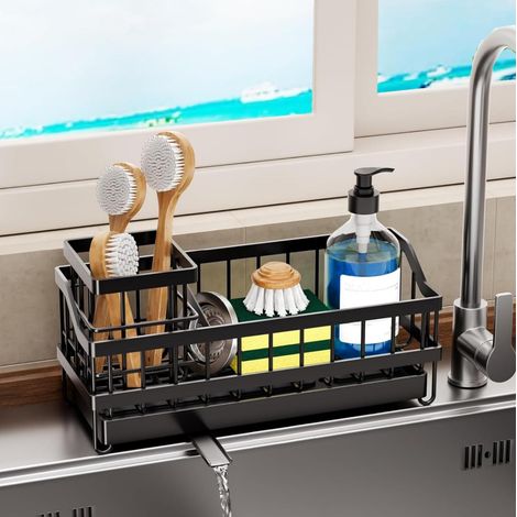 Organisateur d'évier pour la Cuisine, Porte Eponge evier Cuisine avec Vidange Automatique Organisateur d'évier, Organisation de l'évier avec Support pour Brosse