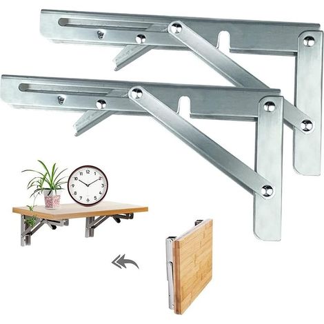 Équerre Pliante 2 PCS, Tablette Murale Rabattable 200mm, Support d' étagères Pliants en Acier Inoxydable, Support Pliant, Console Equerre, Tablette Pliante Murale Pour Etagere Murale Banc de (1/5)