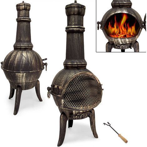 GARDEBRUK®Chimenea de Terraza Hierro Fundido con Cubierta Protectora contra Chispas Atizador 28 kg Chimenea para Jardín Patio Brasero 112 cm (1/5)