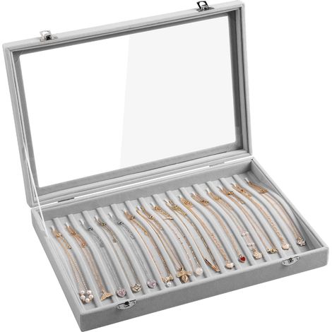 Organisateur Colliers 15 Crochets avec Plateau Velours et Couvercle Transparent, Boîte Verrouillable