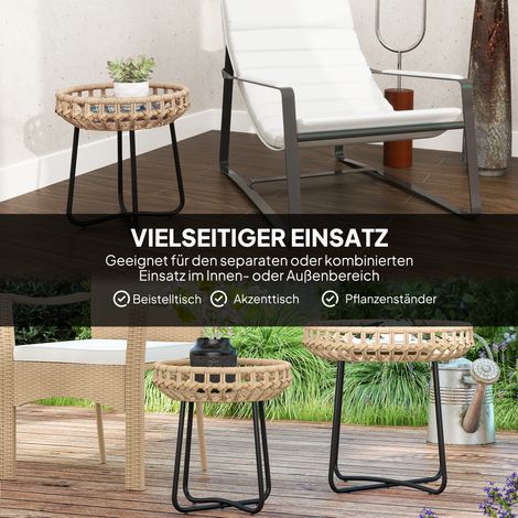 Lot de 2 tables basses rondes en résine tressée, diamètre 60/41 cm, extérieur, robustes aux UV, piètement croisé et embouts ajustables, couleur brun. (1/4)
