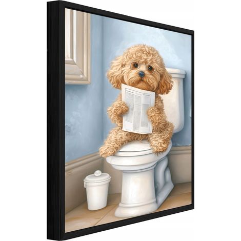 Leinwandbild Wandbild mit schwarzem Rahmen, Hund lustig auf Toilette, humorvolle Bad WC Wanddekoration, 40 x 30 cm