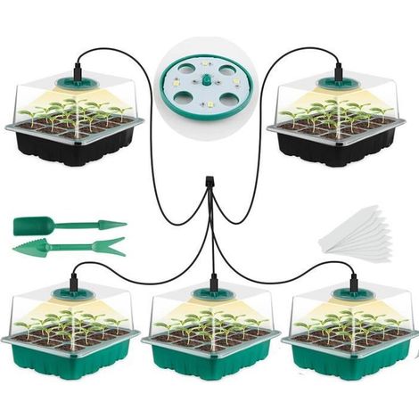 Lot de 5 plateaux de démarrage pour graines avec lumière de plantes, kit de démarrage de plantes réglable avec dôme et base pou A209