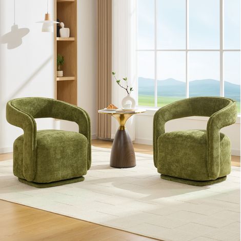 Fauteuil pivotant Barrel en chenille verte pour salon et coin lecture (1/5)