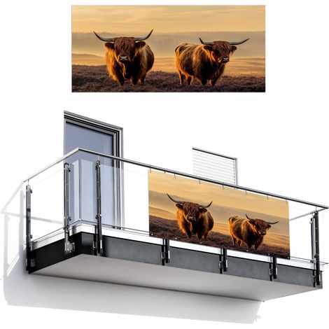 Balcony Privacy Banner Scottish highlanders - Heath - Landscape - Animals 200x90 cm (1/4)