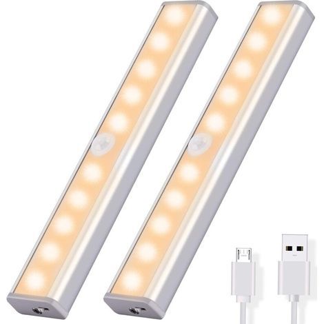 Lampe de Placard Lot de 2, Détecteur de Mouvement Lampe d’Armoire 10 LED Adhésif Bande Magnétique sans Fil USB Rechargeable pour Placard, Chambre, Escalier, Cuisine Blanc Chaud (1/5)