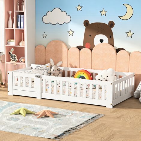Lit au Sol Enfant 120x200, Lit Montessori au Sol en Bois Massif avec Barrière de Sécurité et Sommier à Lattes, Cadre de Lits 1 Place pour Garçons et Filles, Enfants et Bébés