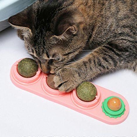 Lot de 4 jouets muraux à l'herbe à chat, friandises saines et sans danger pour chatons, jouet à lécher en forme de toupie. (1/4)