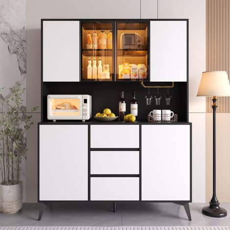 Credenza da cucina alta con illuminazione a LED, vetrine, 6 ante e 3 cassetti, 120x40x160 cm, struttura in MDF bianco e nero (1/5)