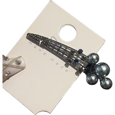 Pince à cheveux en forme de bec de canard avec perles et strass, style coréen avec finition galvanisée, élégante barrette imitation perle pour coiffures décontractées et formelles (gris) (1/5)