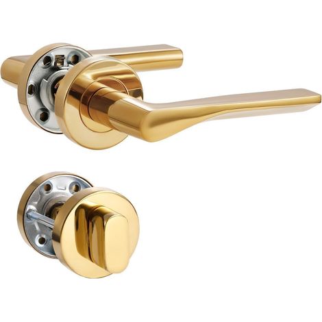 Poignée de Porte Doré PVD, Garniture de Prothèse en Acier Inoxydable Mat, Poignée pour Porte d'Entrée et Porte Intérieure, Forme en L, Rosace Ronde, WC - Cylindre Sanitaire (1/5)