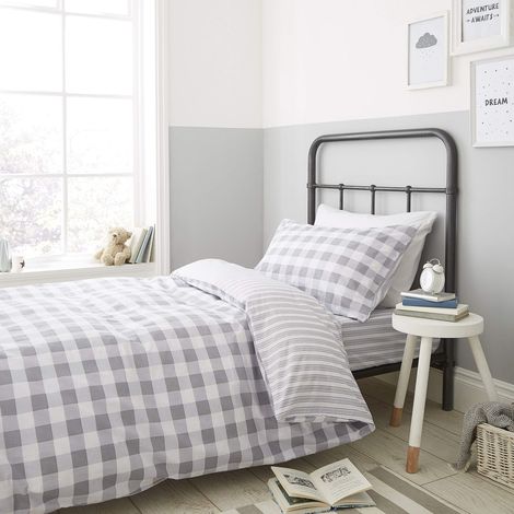 Check and Stripe Grey Housse de Couette 135 x 200 + 80 x 80 cm + Drap-Housse Blanc 90 x 200 cm + 1 taie d'oreiller 80 x 80 cm Blanc (1/4)