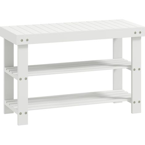 Banco zapatero de bambú con 2 estantes, banco de almacenamiento, para recibidor, 70 x 28 x 45 cm, blanco (1/5)