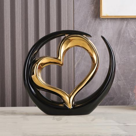 Statue en céramique en Forme de Coeur,d'art de décoration d'intérieur, Statue Moderne en céramique Abstraite, pour Salle à Manger, Salon, Bureau, Support TV, Centre de Table. (Noir Or) (1/5)