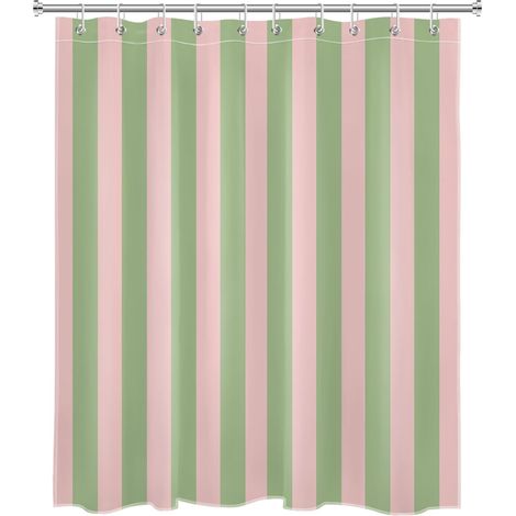 Rideau de douche à rayures roses et vertes, idéal pour une salle de bain moderne, minimaliste et abstraite. Rayures verticales et crochets inclus – un ensemble de douche d'inspiration rétro. (1/4)