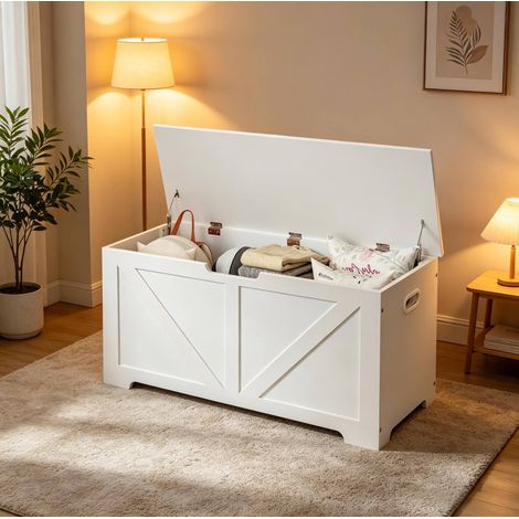 Banco zapatero 100x40x47 cm blanco de madera compuesta - arcón con tapa de 76 L (1/5)