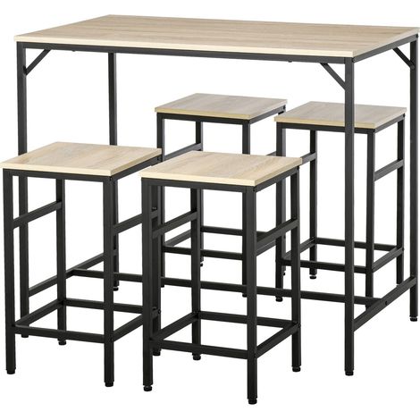 Bartisch Set 5-Teilig Stehtisch 4 Barhocker Tischset Küchentresen Esszimmer Stahl Eiche+Schwarz 100X60X88Cm