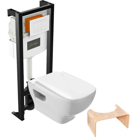 Pack inodoro suspendido sin cerco JACOB DELAFON Struktura + estructura soporte + placa blanca + taburete madera (1/5)