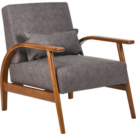Sillón fabricado en piel sintética de estilo retro con reposabrazos y patas de madera color marrón oscuro Skara (1/5)