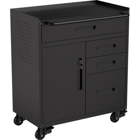 Armoire à outils mobile 87,12cm acier SPCC 4 tiroirs + placard verrouillable, parois perforées crochets, plateau feutre 0,5cm, roulettes 3'' freinables, étagère modulable garage atelier montage inclus (1/5)