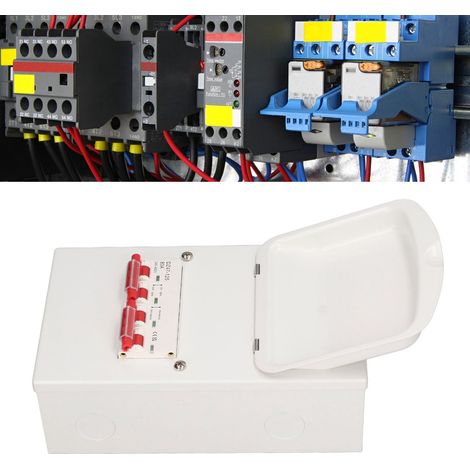 Boîtier de distribution d'énergie double de style britannique 240-400V alimentation principale vers commutateur de transfert de générateur, monophasé blindé métallique 80 ampères. (1/5)